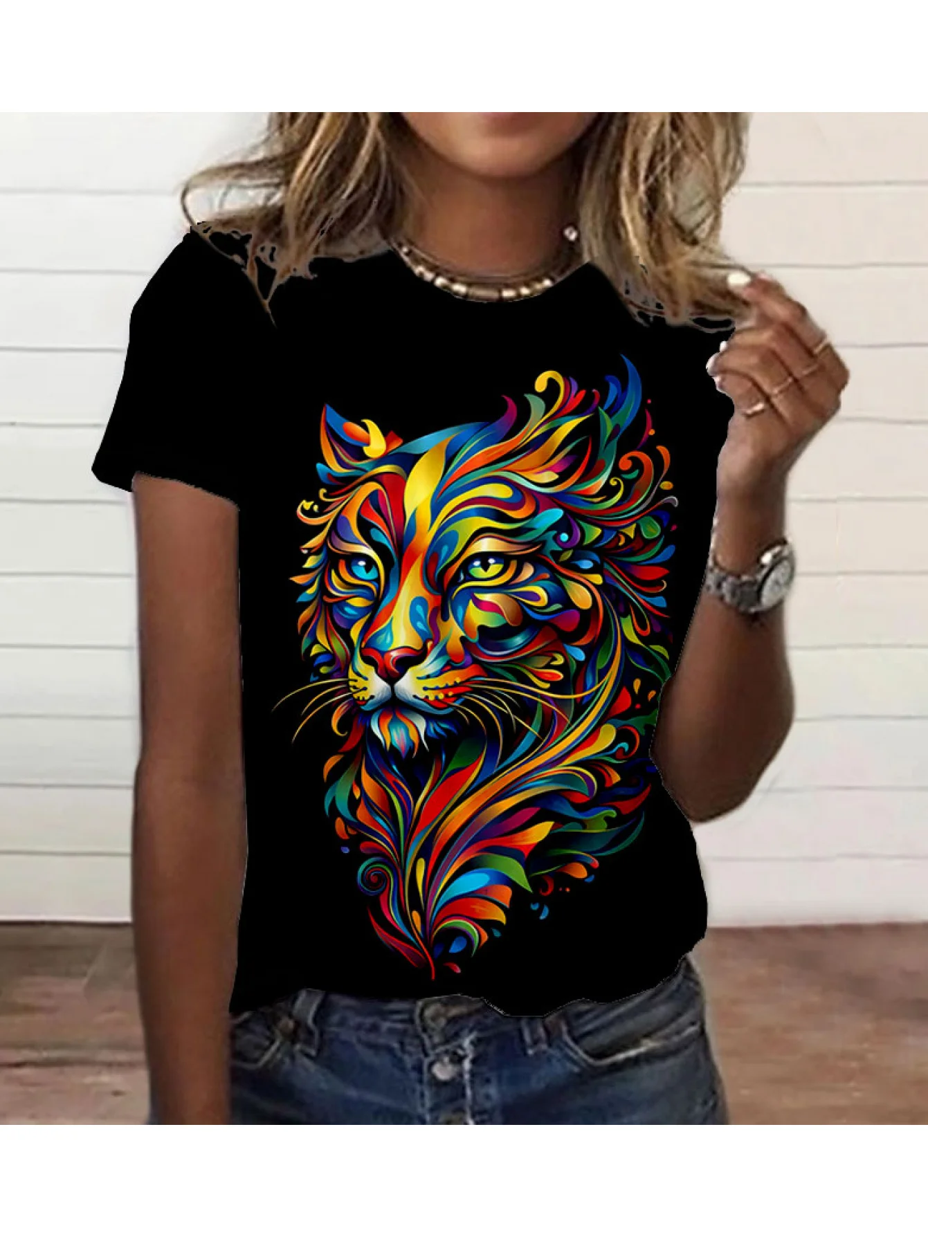 Women T‑shirt Short Sleeve Colorful Psychedelic Tiger Head Art Animal Graphic Print O‑neck Casual Daily Summer Fashion Tee Top