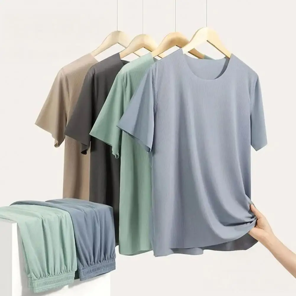 

Soft Fabric Men Pajamas Men's Pajamas Set 2pcs Ice Silk Breathable Loungewear Short Sleeve Round Neck Tops with Elastic Waist