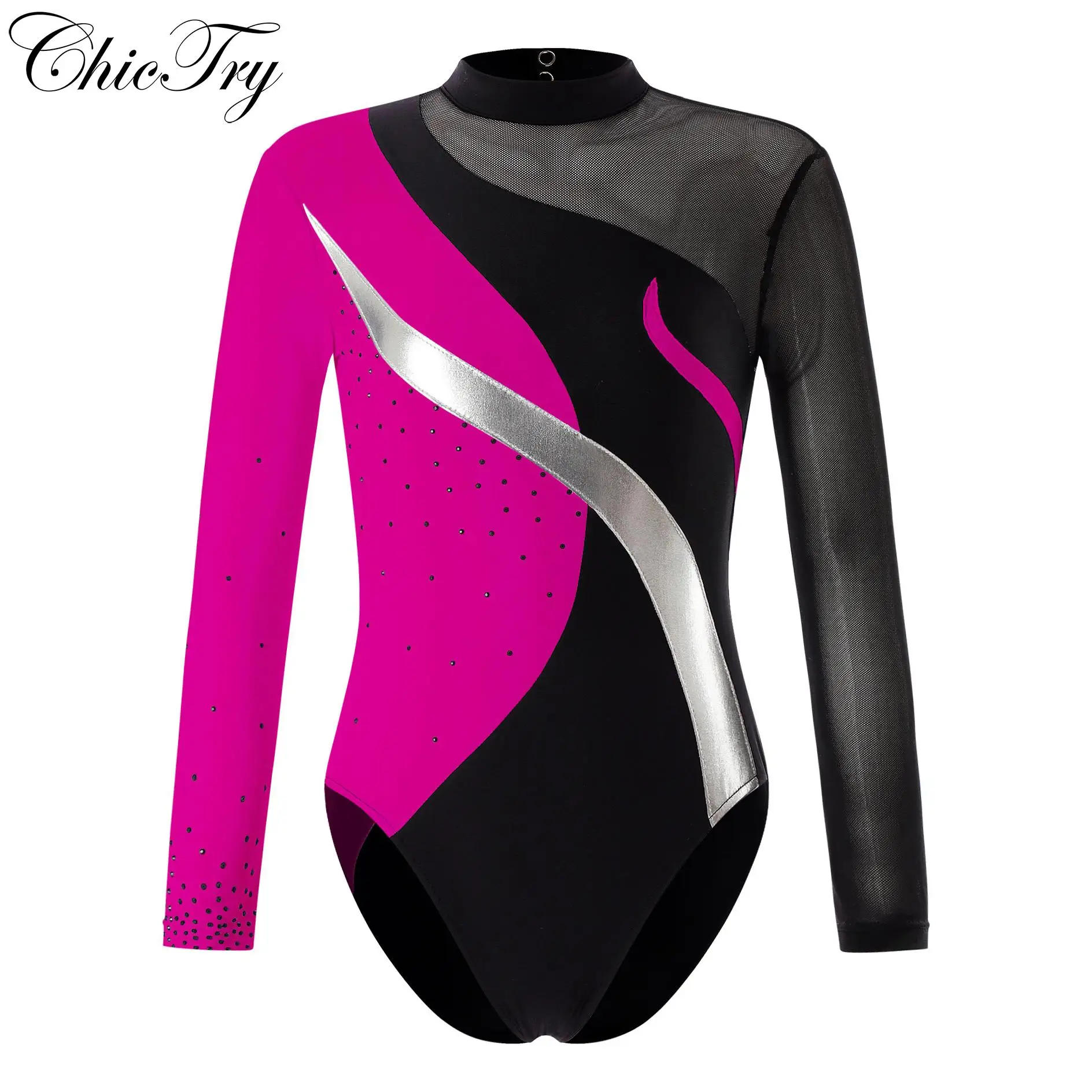 Kids Girls Gymnatics Ballet Leotards Dance Bodysuit Children Long Sleeves Shiny Rhinestones Jumpsuit for Figure Skating Costume