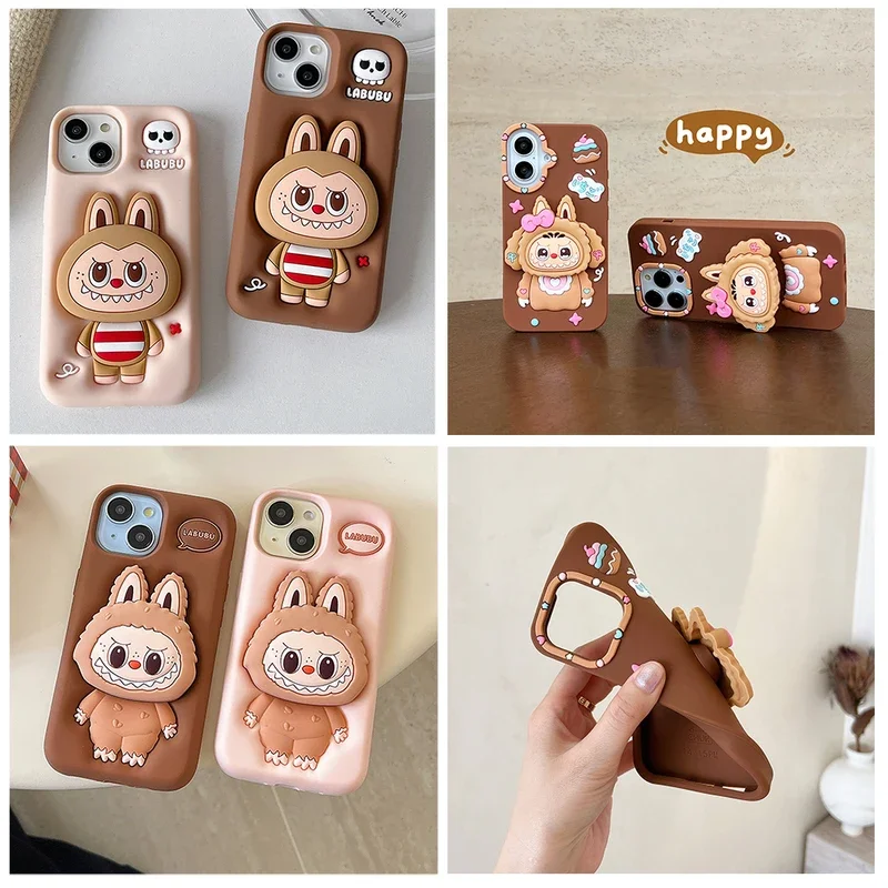 

Cute Cartoon LaBuBu Monster Soft Silicone Cover Case With Holder For iPhone 16 15 14 Plus 13 12 11 Pro Max