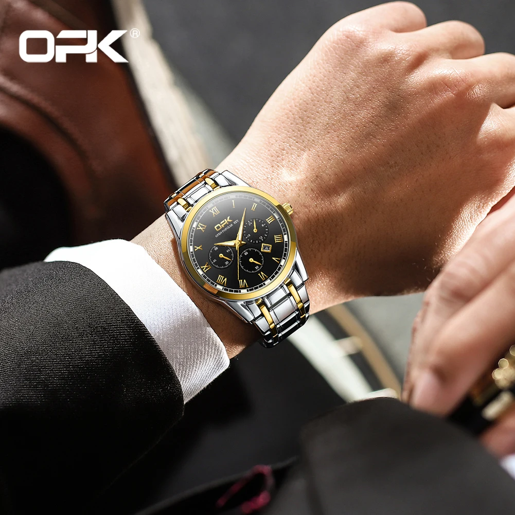 OPK 8119 Men Watch Original Quartz Watch Waterproof Luminous Watch For Man Alloy Strap Stainleess Steel Calendar Window Watch