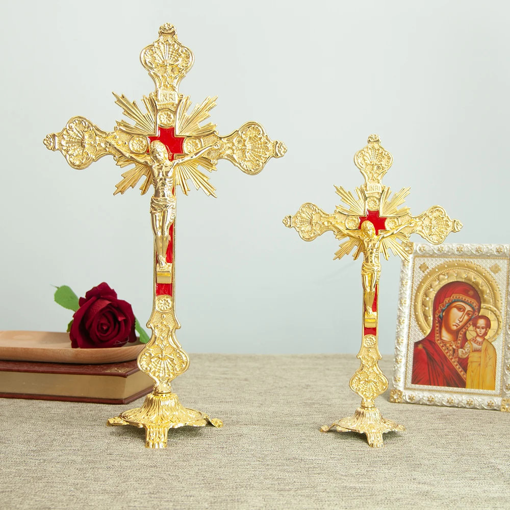 

HT New Alloy Church Home Catholic Metal Crafts Gold Color Plated Standing Crucifix Prayer Cross Standing Crucifix Altar Cross