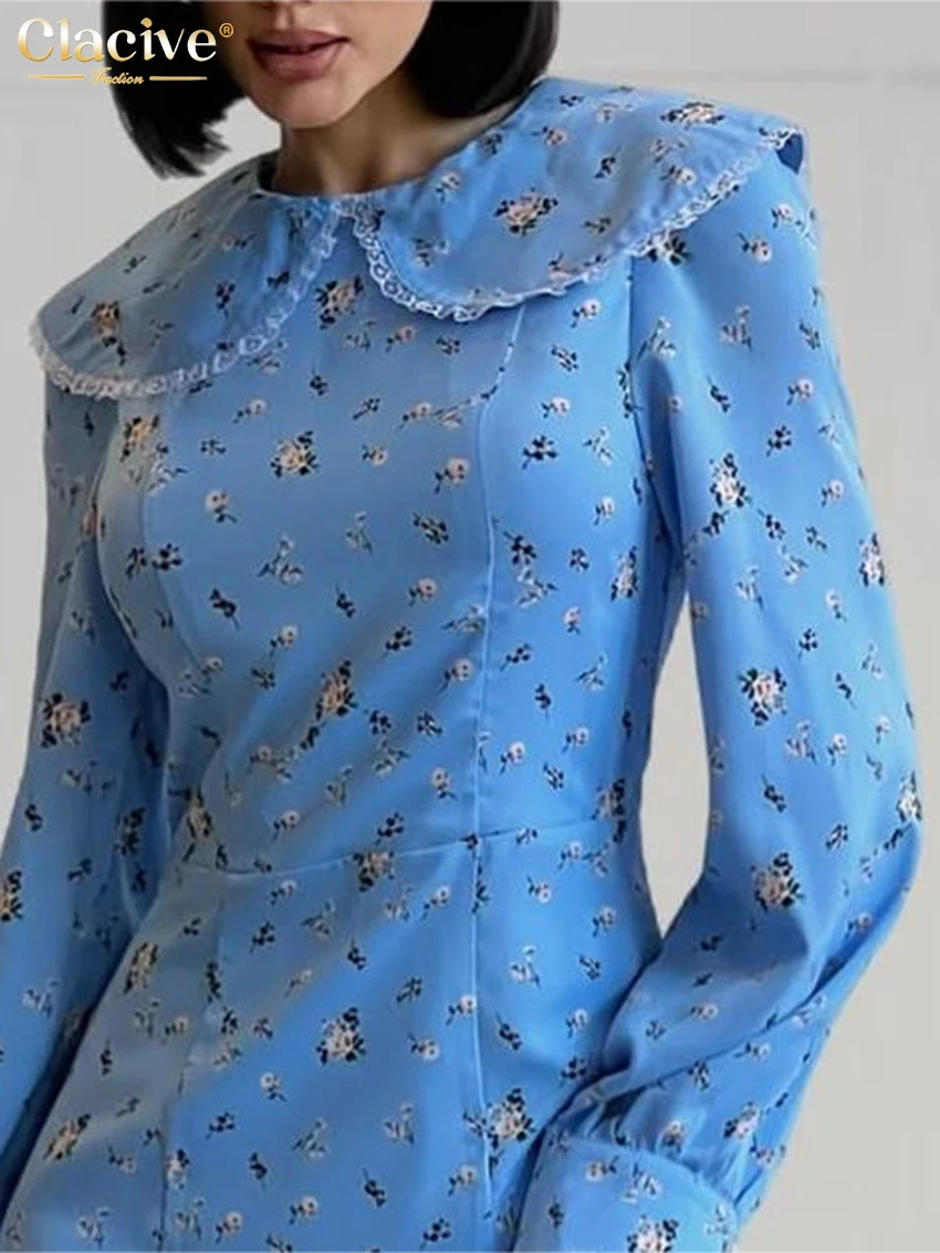 Clacive Fashion Loose Print Women's Dress 2025 Casual O-Neck Long Sleeve Mini Dresses Lady Elegant Classic Dress Female Clothing