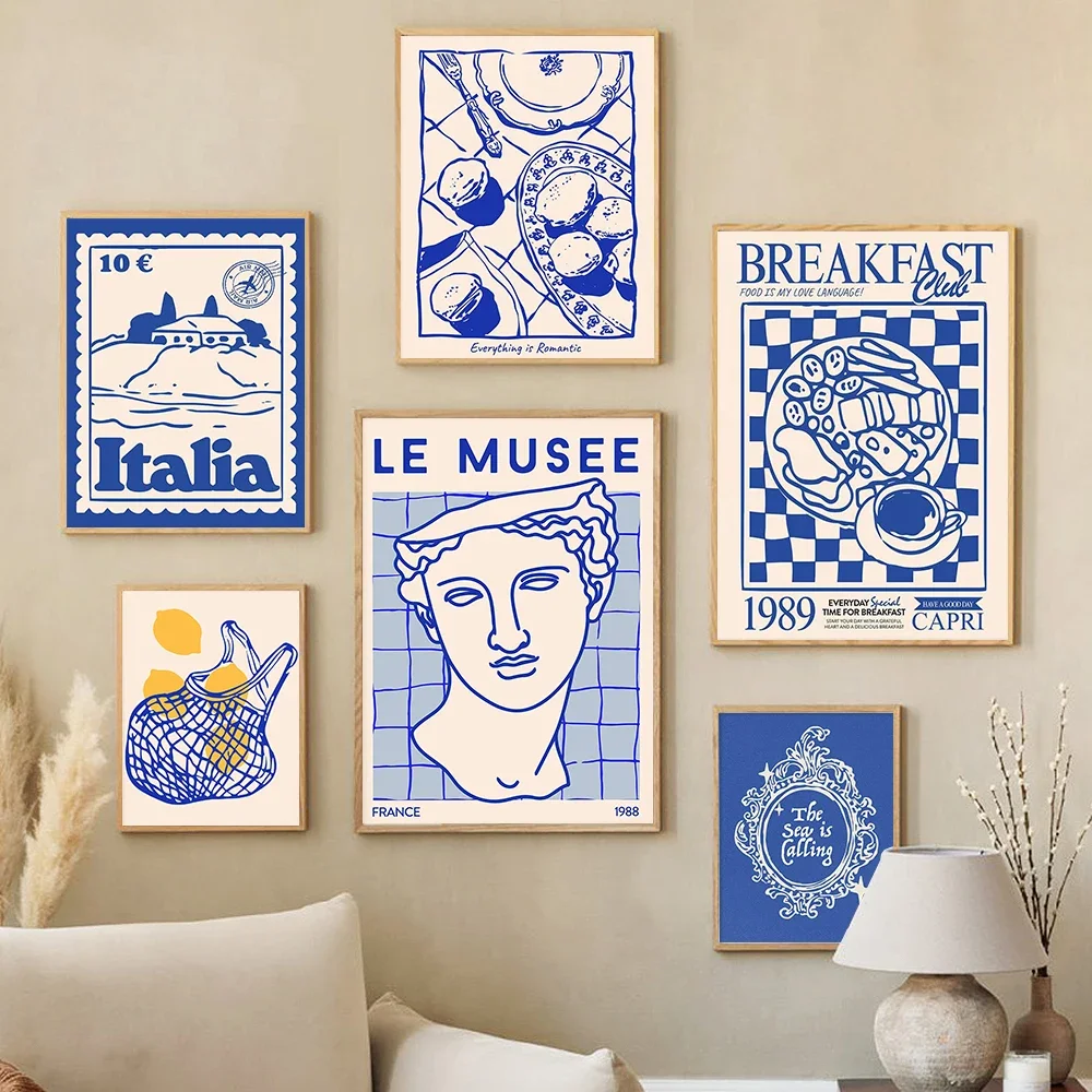1pc frameless Canvas Painting Blue Maximalist Wall Art Coastal Decor Le Musee Prints Italian Summer Retro Breakfast Food Drink C
