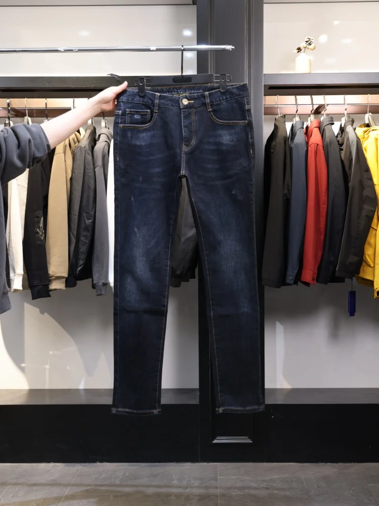 

Homesi 2025 Autumn New Slim Fit Elastic Five ket Straight Leg Faded Denim Jeans Youth Casual Cotton Stretch Wear Resistant