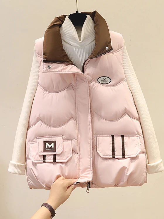 Women's down Cotton Vest Loose Fit Stand Collar ort Sle Autumn Winter Faionable Small Size Commute Sle Zipper Splice