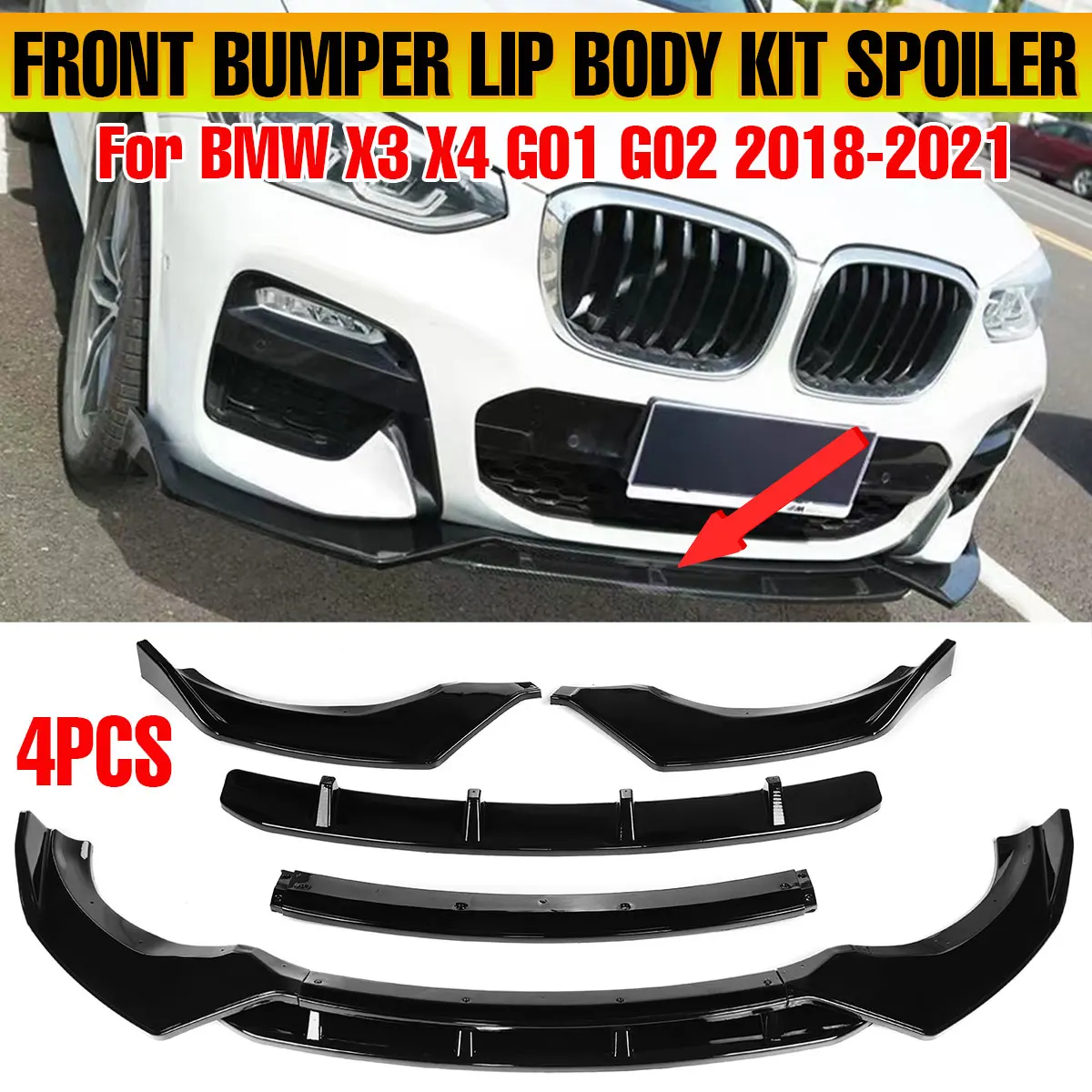 

For BMW X3 G01 X4 G02 ix3 G08 M Pack Front Bumper Splitter Lip Diffuser Guard Body Kit Cover 2021 2022+ Gloss Black ABS