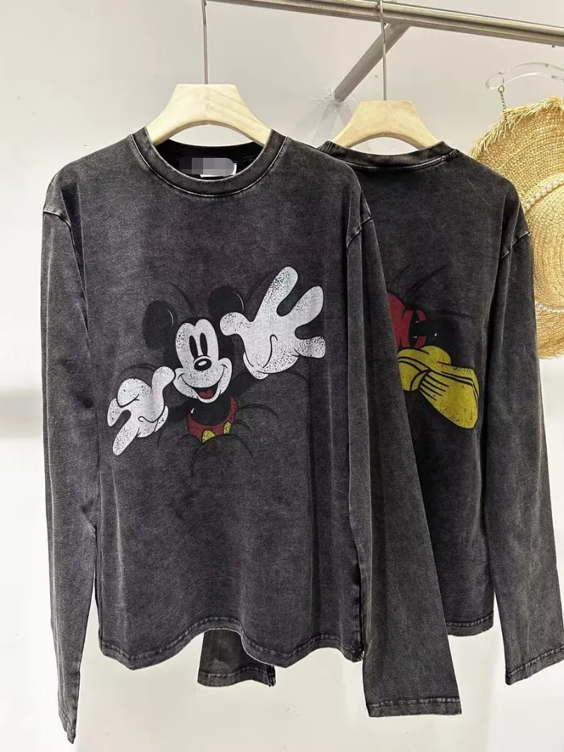 

Vintage Oversized Tops Spring Autumn New American Parody Mickey Mouse Front Back Cracked Print Washed Black Long Sleeved T-shirt