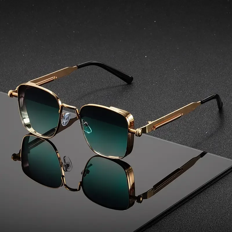 1Pc Men's Driving Sunglasses Retro Steampunk Square Sunglasses with Metal Frame and Spring Hinge Fashionable Eyewear