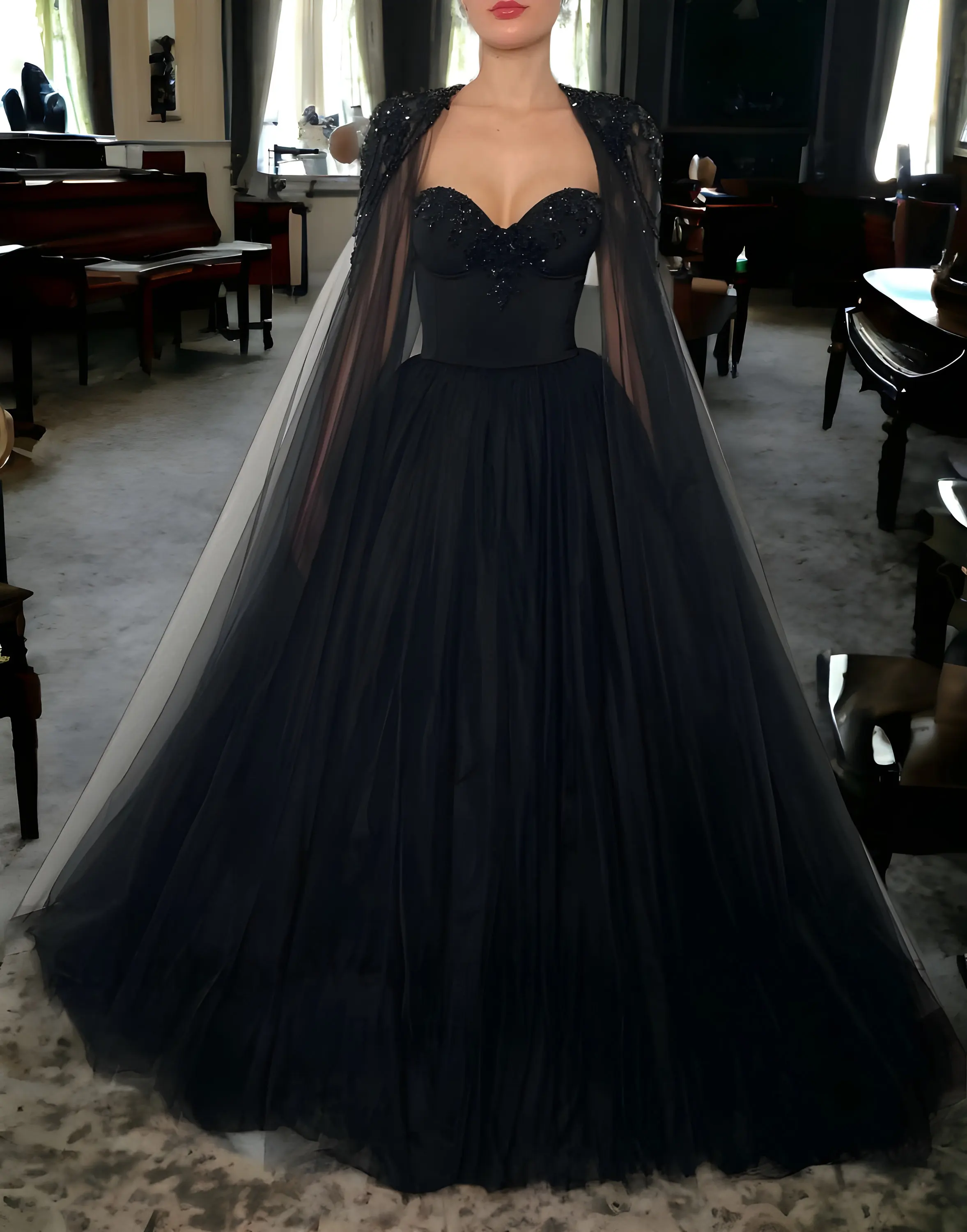 Elegant Black High Quality Gothic Wedding Dress Beaded Embroidery Removable Sheer Cape Shoulder Beaded Tulle Wedding Guest Dress