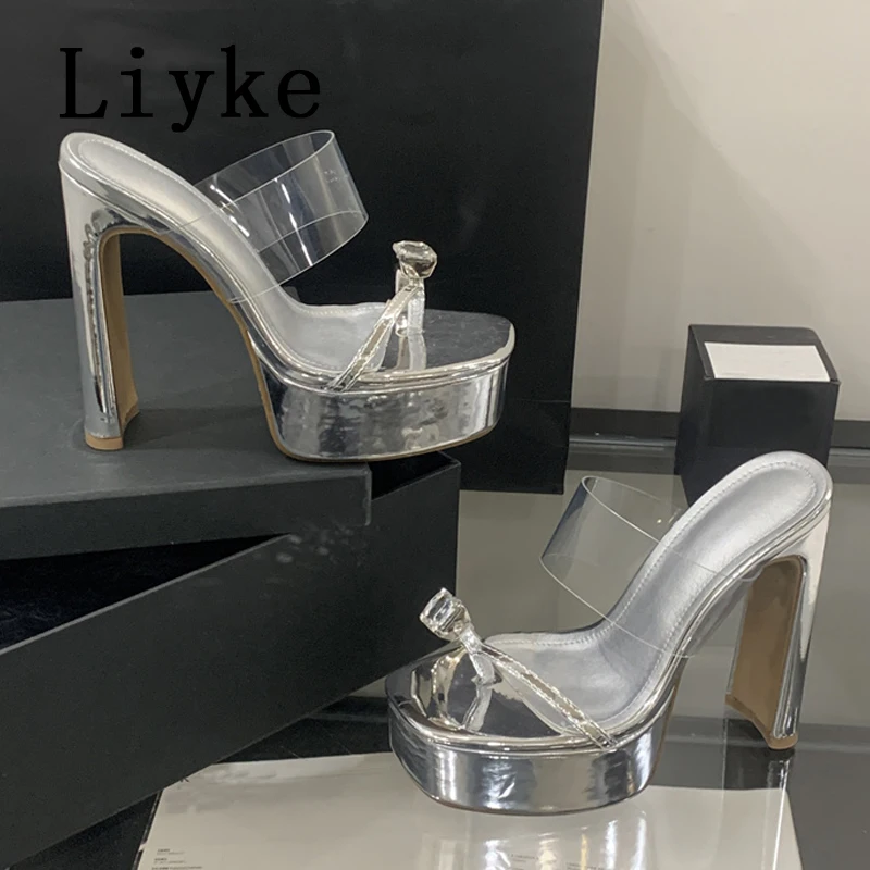 

Liyke/летние модные дизайнерские сандалии с бриллиантами на клипсе и платформе, прозрачные тапочки на высоком каблуке для женщин, вечерние модельные туфли, серебро