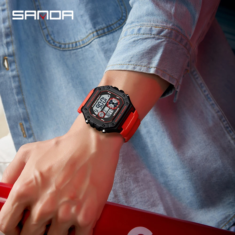 SANDA 2202 ساعة إلكترونية عصرية للرجال رياضية متعددة الوظائف مقاومة للماء LED شاشة واحدة ساعة إلكترونية مربعة صغيرة