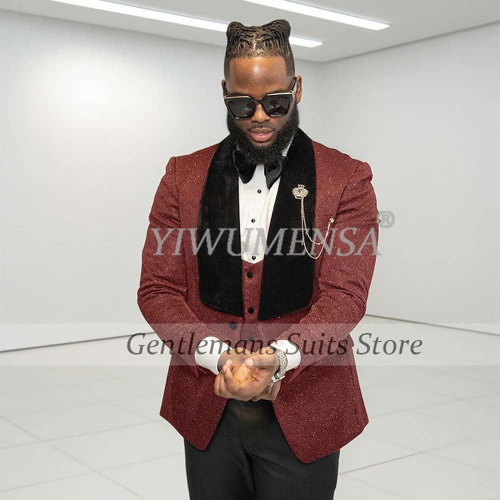 

Блестящие деловые костюмы, мужские комплекты из 3 предметов, черные бархатные этикетки, пиджаки для жениха, индивидуальные мужские смокинги для банкета и вечеринки, Terno Masculino