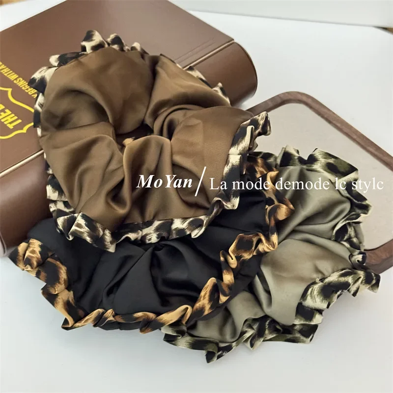 Satin leopard print ruffle leaf edge large intestine hair band female head flower high elastic rubber band high sense head rope