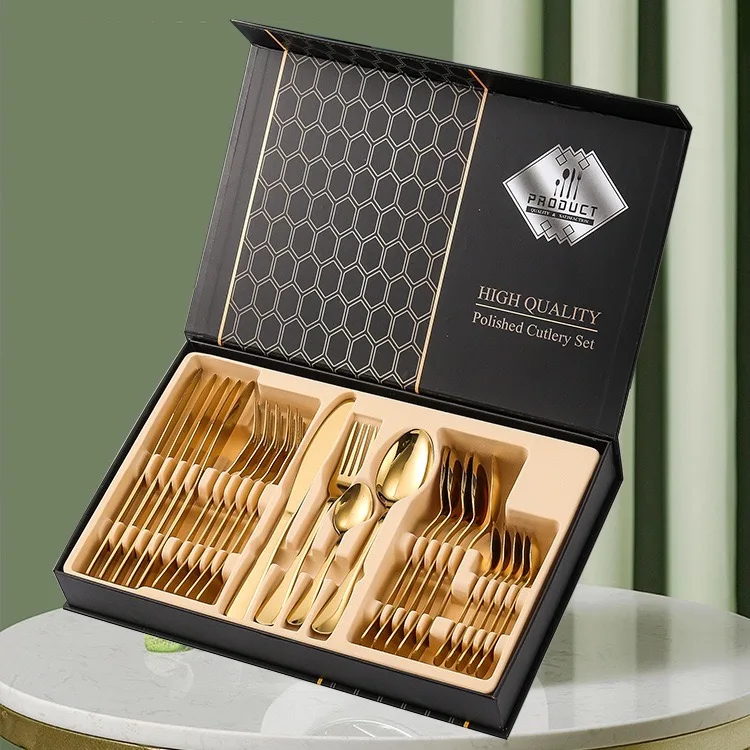 24 pieces stainless steel western tableware set gold colored silver 1010 spoon fork knife set