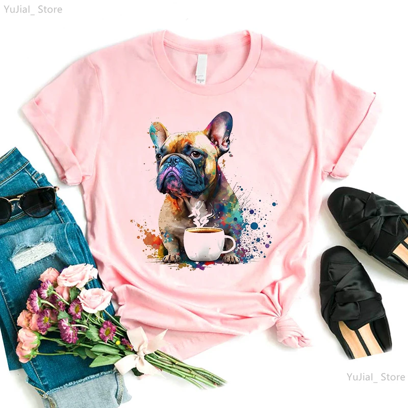 

2024 Hot Sale Watercolor French Bulldog Puppy Love Boba Printed T Shirt Women Funny Kawaii Dog Lover Tshirt Femme Solid T-Shirt