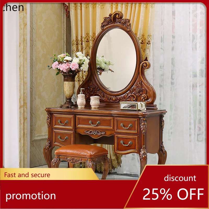 

HT Vintage Dressing Table Carved Simple Bedroom Dressing Table Stool Mirror Set Rustic Solid Wood Dressing Table