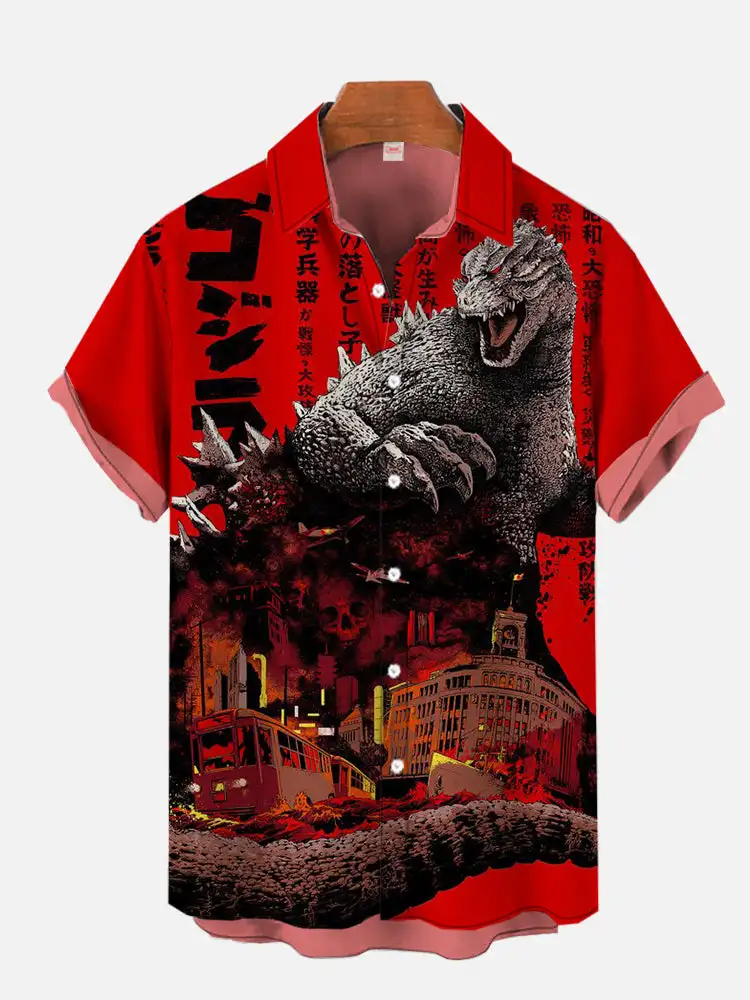 

Ancient ink ukiyo-e monster personalized printing short sleeved shirt for men's summer new lapel shirt street hip-hop shirt