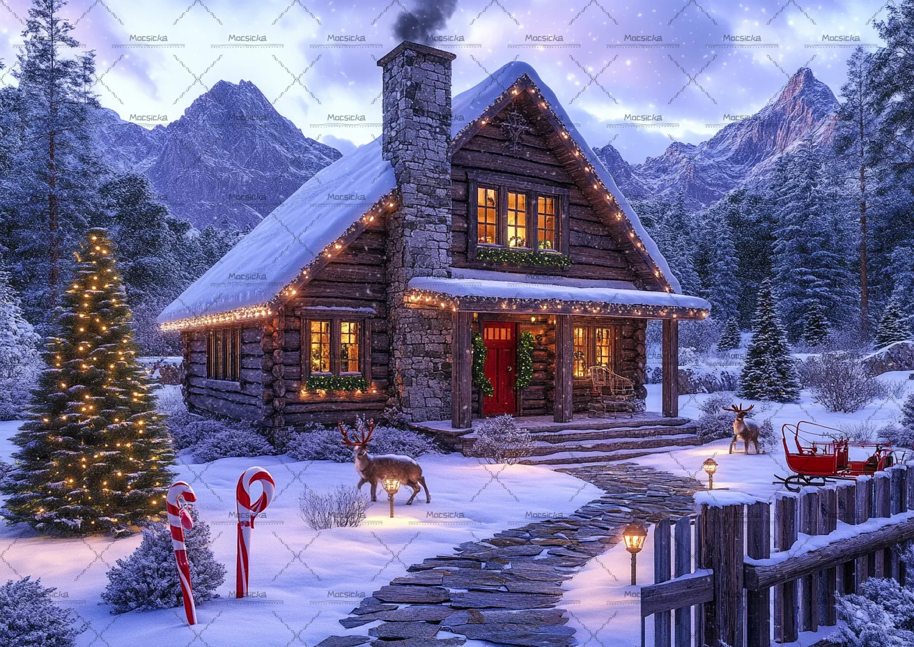 Mocsicka Winter Snow Cabin Christmas Backdrop Snowy Log House Pine Forest Warm String Lights Candy Cane Mountain Background