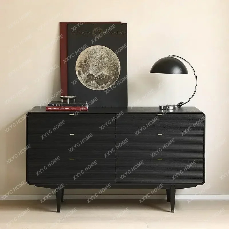 Nordic Expression Medieval Retro Style/carved Bedroom Solid Wood 6 Side Cabinet Chest Black Z