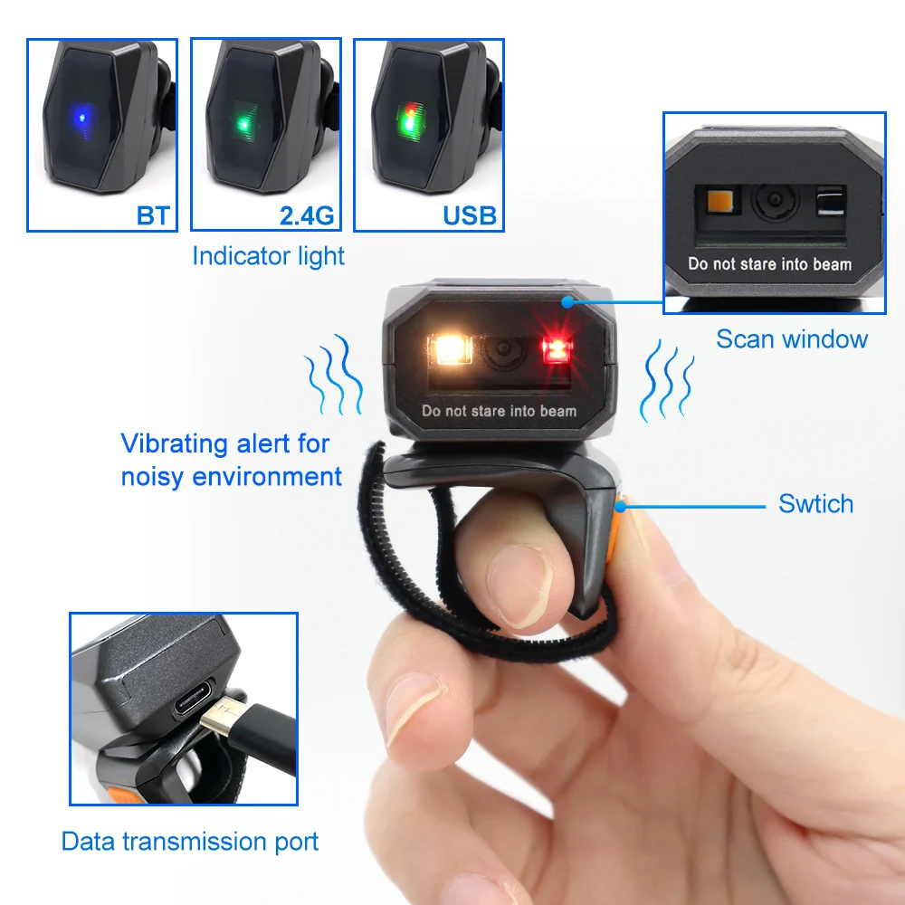 GTCODESTAR GT-S101 2D Wireless Bluetooth Barcode Reader Mini Qr Bar Code Reader Portable Wearable Ring 2.4G USB Barcode Scanner