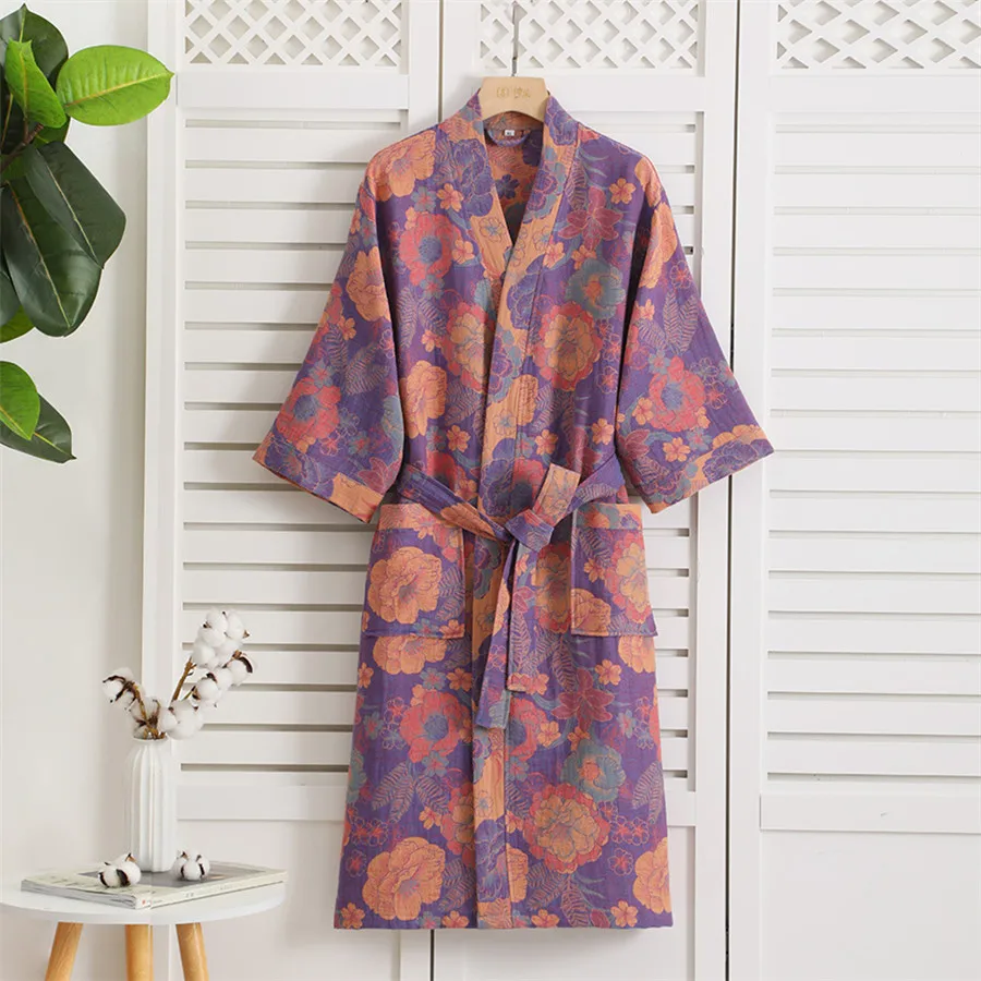 Bata de pareja púrpura, albornoz de gasa de doble capa, bata de ducha para hombre, Kimono con cuello en V para mujer, ropa de dormir, vestido de noche, ropa de descanso