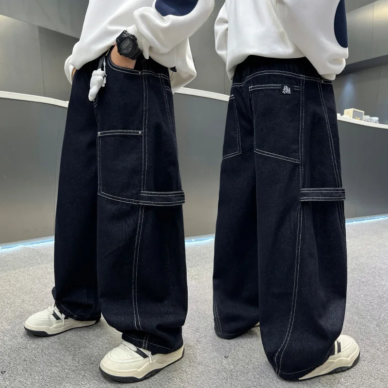 

Весенне-осенние повседневные свободные джинсы с широкими штанинами для мальчиков, модные винтажные брюки из хлопка, уличная одежда для подростков, джинсы для мальчиков