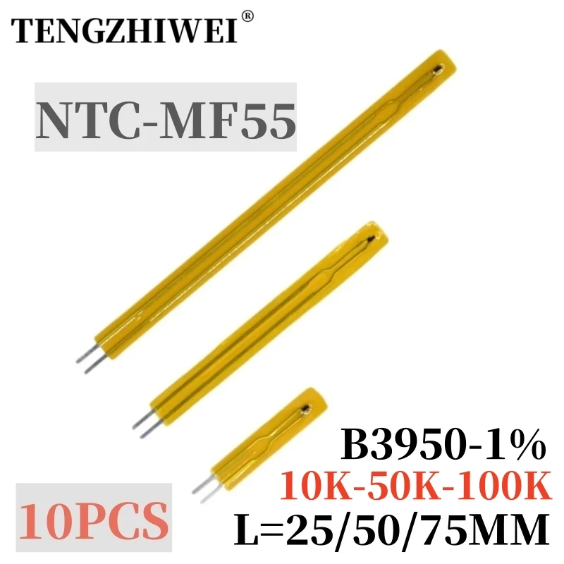 Termistor do filme do NTC-MF55, precisão do NTC-10K3950, resistor ultra-fino da forma de 1%, 50K, 100K, L25, 50, 75mm, 10 PCes