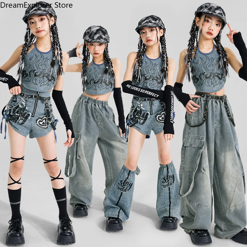 

K-pop Girls Denim Crop Tank Top Street Dance Cargo Jeans Pants Kids Hip Hop Jazz Shorts Clothes Set Children Streetwear Costumes