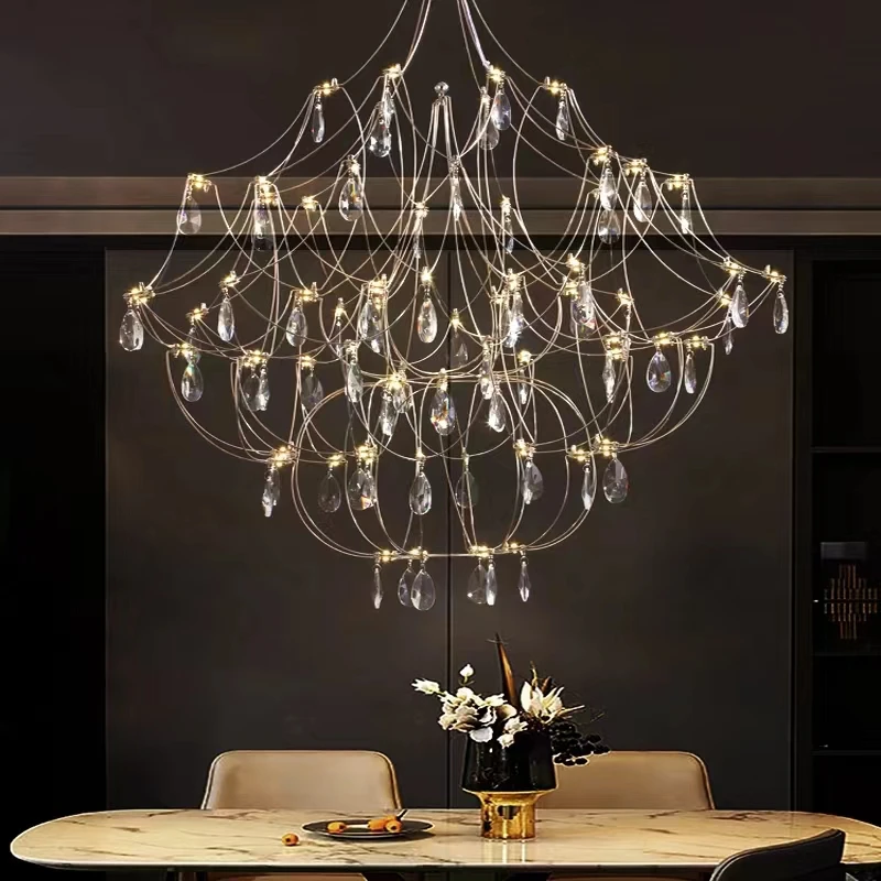 Industrial Wind Duplex Living Room Firefly Lamp Drop Crystal Chandelier Villa Hotel Special-shaped Stainless Steel LED Lighting