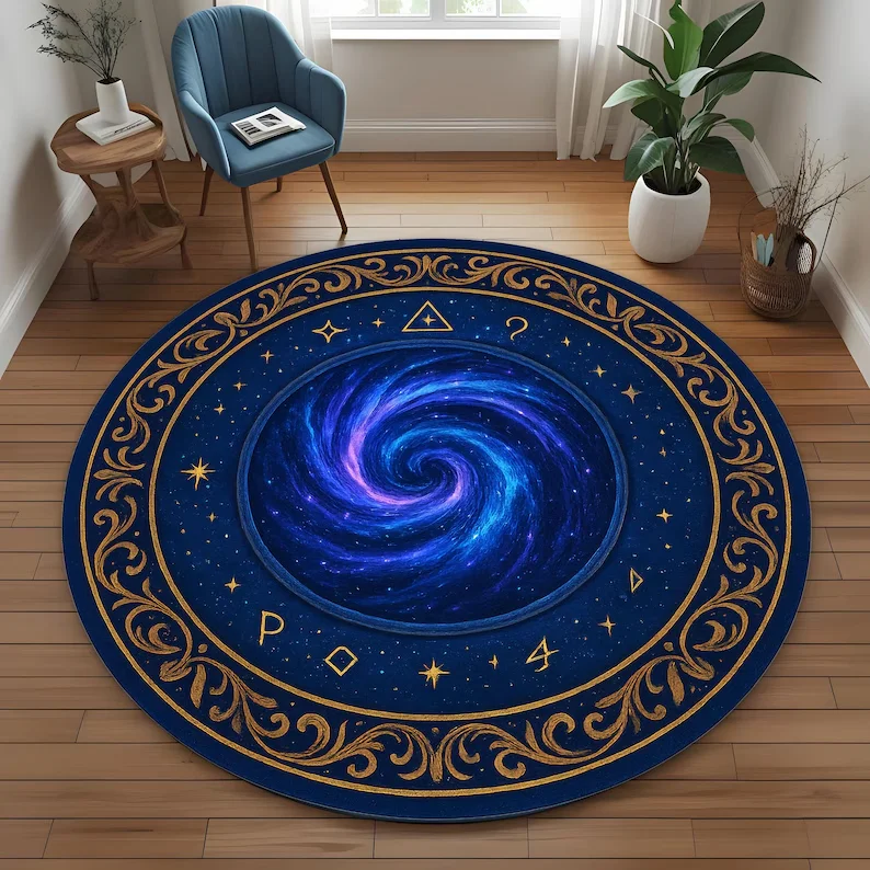 2D Galaxy Vortex Round Area Rug Mystic Spiral Astrology Symbols Print Mat Boho Space Home Decor Soft Non-Slip Circular Carpet