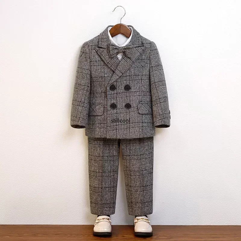 School Uniform for Boys Thick Warm Children Plaid Suit Khaki Toddler Birthday Blazer Set Kids Wedding Piano Performance Costumes