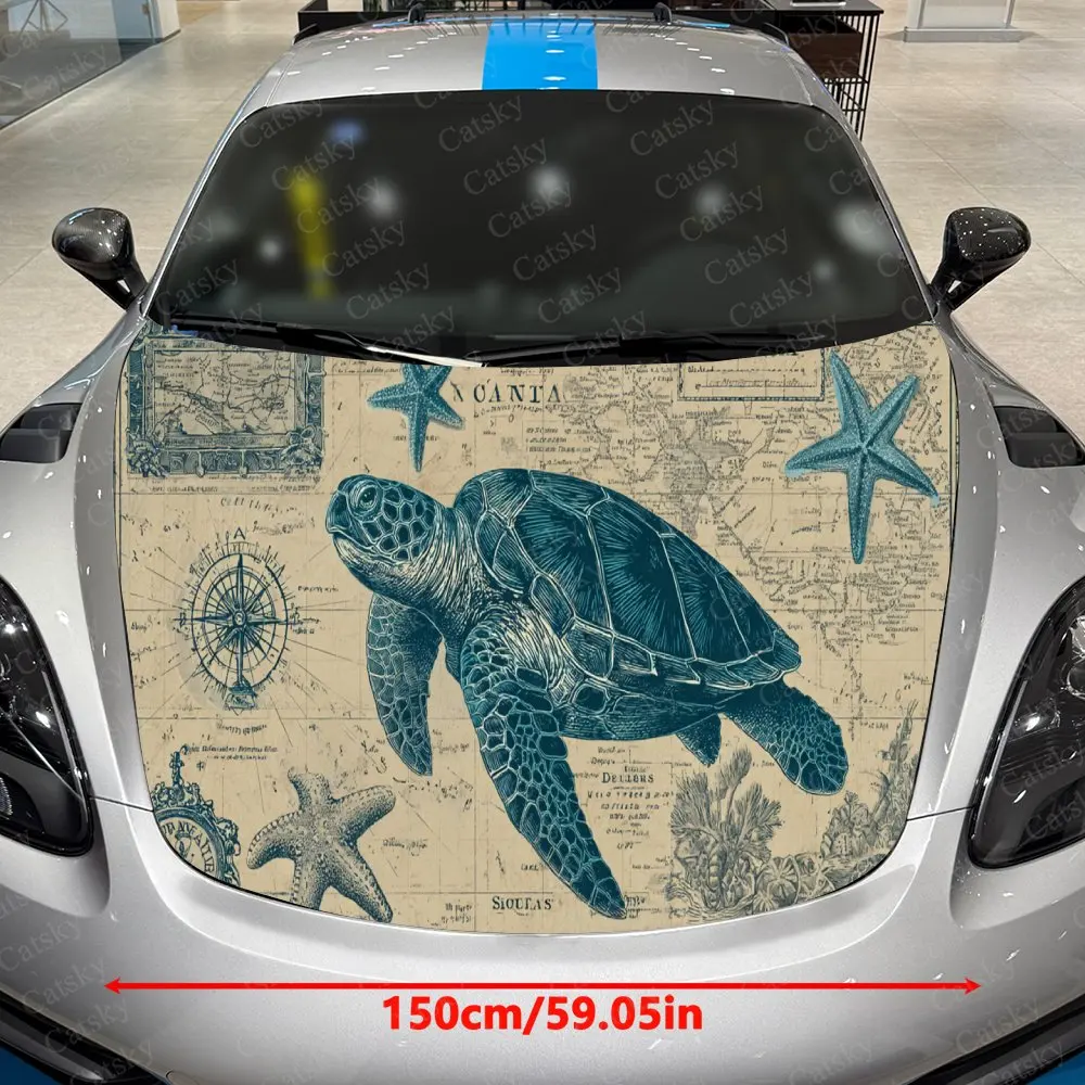 Nautical Theme Turtle PVC Car Hood Sticker,Waterproof Self-Adhesive Vinyl Graphics Decals,Decorative Auto Accessories Stickers