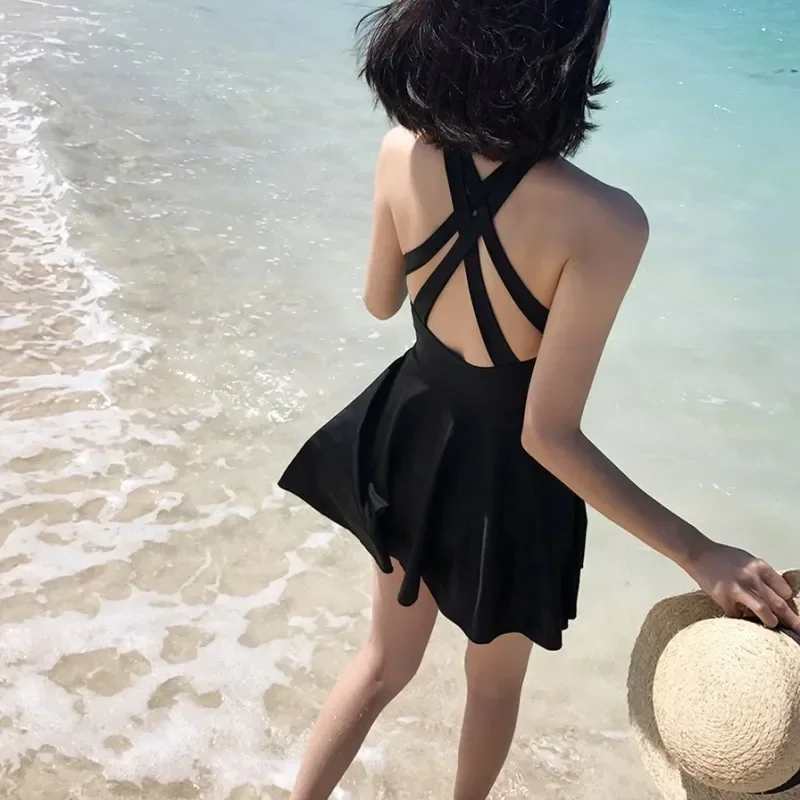 2024 New One-piece Swimsuit Female Skirt Type Belly-shading Thin Backless Hollow Sexy Solid Color Vacation Spa Swimsuit