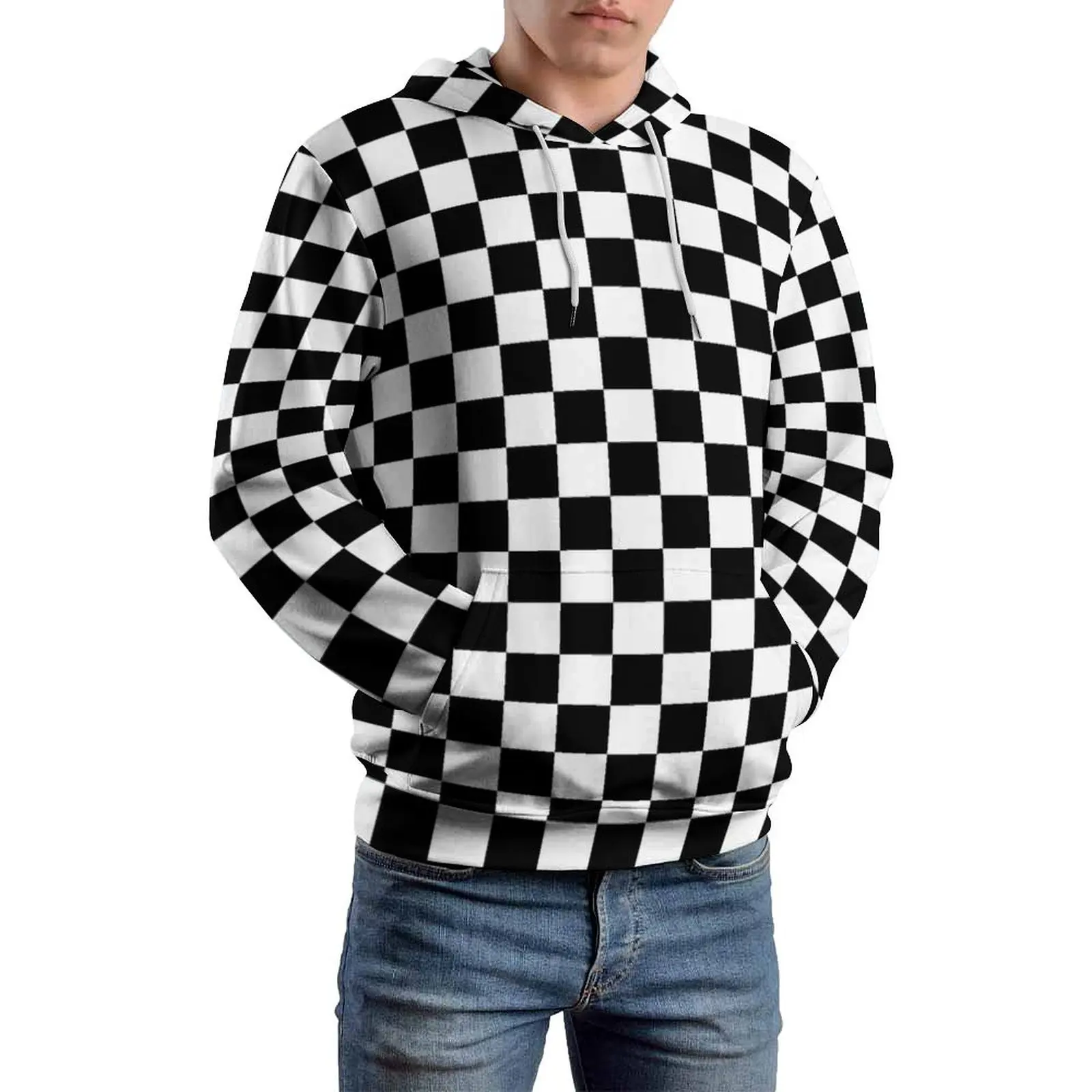 Two Tone Loose Hoodies Black White Checkerboard Casual Pullover Hoodie Couple Long-Sleeve Aesthetic Custom Sweatshirts Big Size