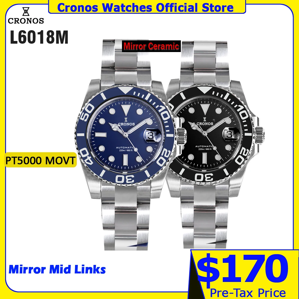 Cronos Sub Diver Men Watch Stainless Steel PT5000 Bracelet Ceramic Bezel 200 meters Water Resistant L6018