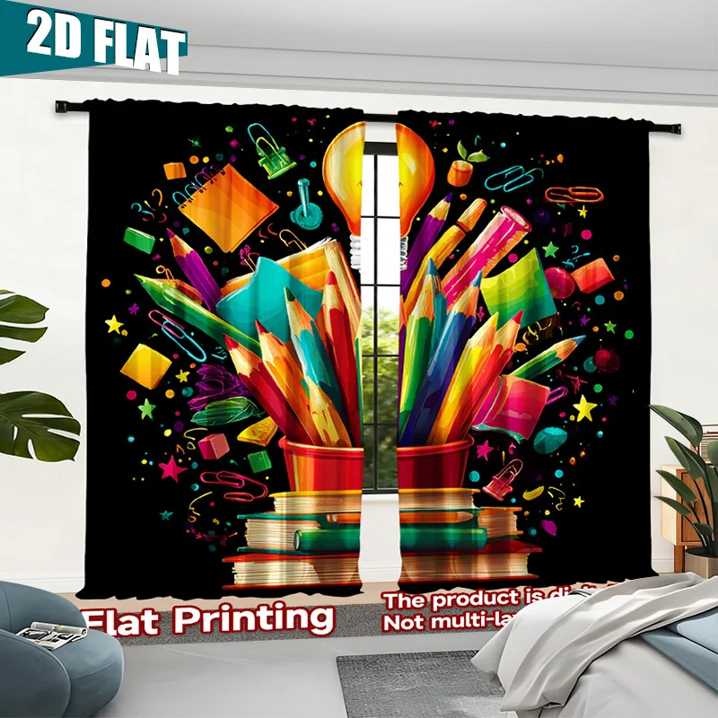 Vibrant Art Supplies Classroom Curtain Black Background Colorful Pencils Paintbrushes School Decor Window Curtain