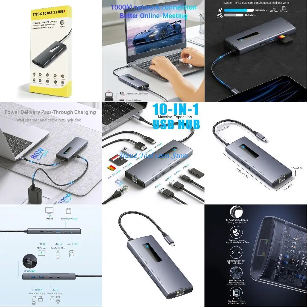 

H37F USB C HUBS 10 в 1 алюминиевый USB C -Dock Station до 4K при 60 Гц + USB + RJ45 + SDTF + PD100W Зарядка 10 портов Адаптер