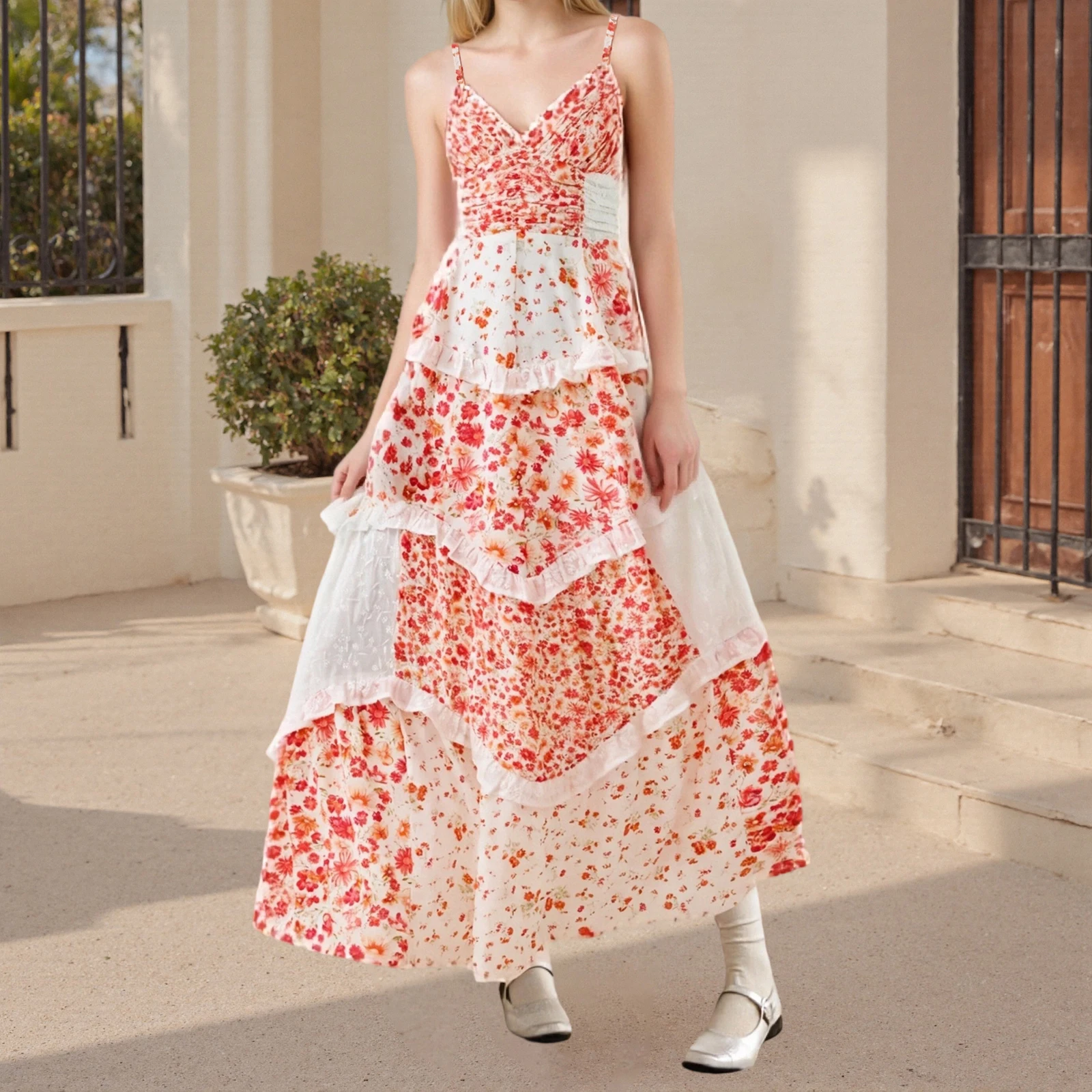 Abito lungo estivo da donna di nuova moda, senza maniche, aperto sul retro, scollo a V, stampa floreale, abito da spiaggia, vendita calda SML