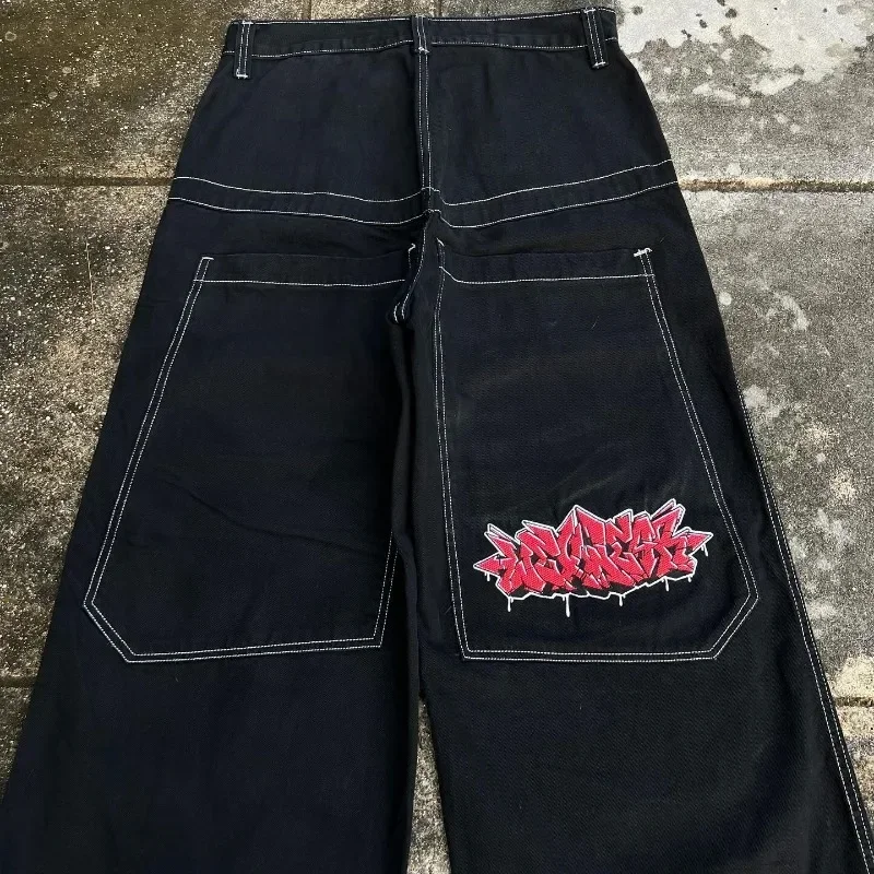 Pantalones vaqueros holgados Y2K para hombres y mujeres, ropa de calle de Hip Hop, pantalones negros con patrón de letras bordadas Vintage americano, pantalones de pierna ancha Harajuku