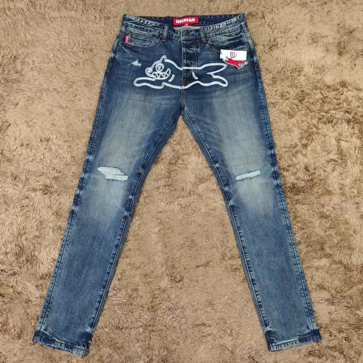 

Washed Vintage Fly Dog Jeans Slim Fit Cuffed Elastic Cotton Denim Youth Men's Long Trousers mid Waist Spring Autumn Wear