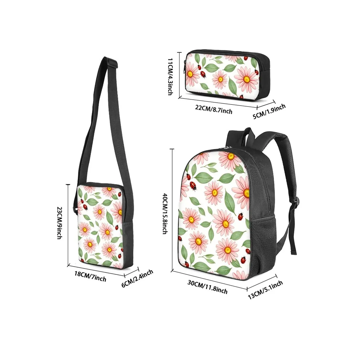 Ladybug Flower Mushroom 3Pcs/Set Backpack with Messenger Bag ,Pencil Bags for Boy/Girl Best Gift Cartoon Student School Bags