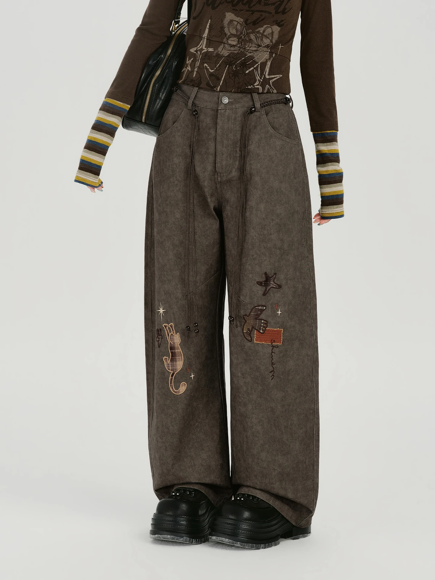 

Girly American Retro adient Лоскутная вышивка Широкие повседневные брюки Женские осенне-зимние прямые длинные брюки с высокой талией