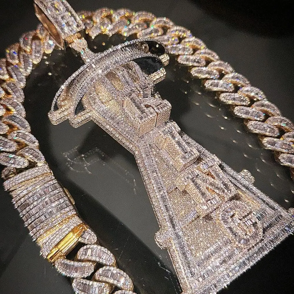 

Luxury Iced Out Tower Pendant, Cuban Chain Necklace, Micro Pave , Hip Hop Rapper JewelryZircon/Moissanite, Bling Space Needle