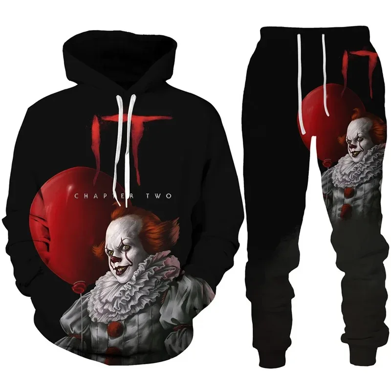 2023 Autumn Winter Men\'s Hoodies Tracksuit Set Horror Movie Clown 3D Print Fashion Hoodie Pants Suit Funny Unisex Pullover Sets