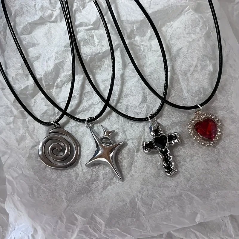 4pcs Gothic Black Wax Rope Necklace Set Vortex Spiral Four Corners Star Black Cross Red Water Diamond Heart Pendant Jewelry