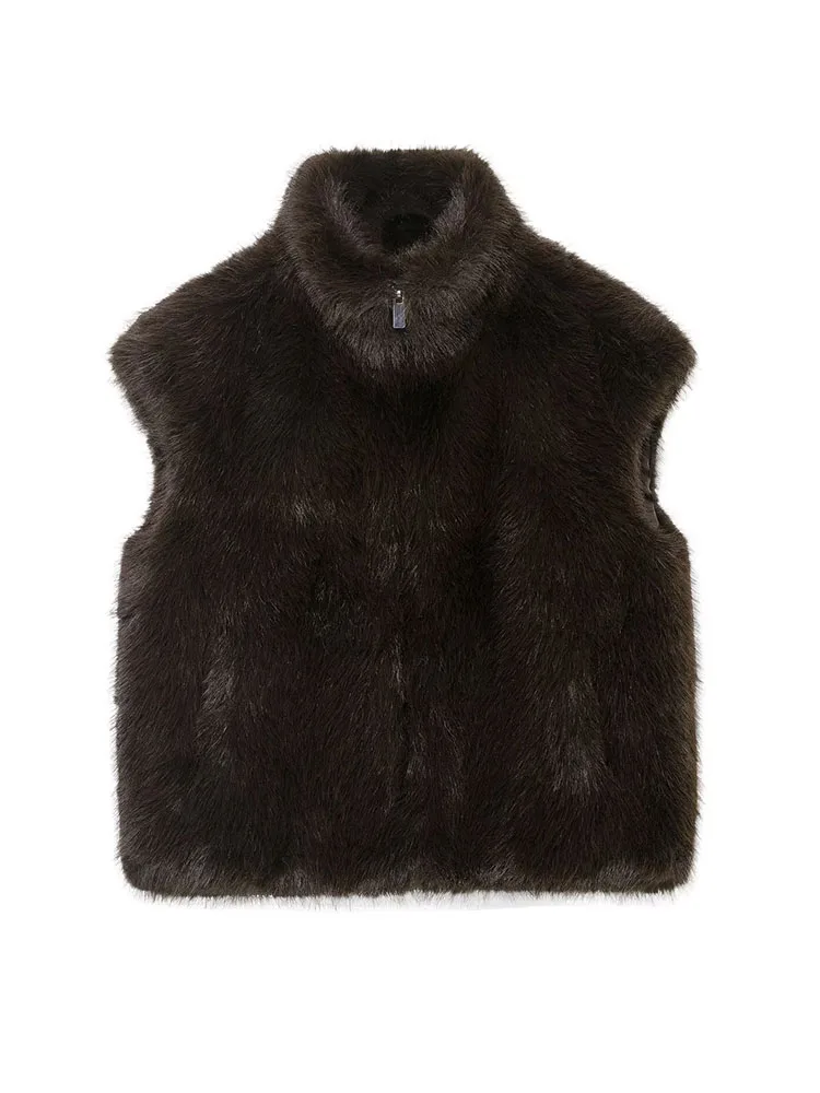HH femmes mode Chic rue col haut solide ample chaud mince gilet court femmes fausse fourrure effet gilet sans manches haut décontracté