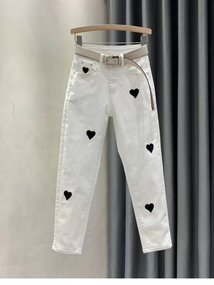 Jeans Embroidered Heart Womens Summer New 2026 High Waist Stretch Slim Slimming Cropped Skinny White Vintage Retro Trousers