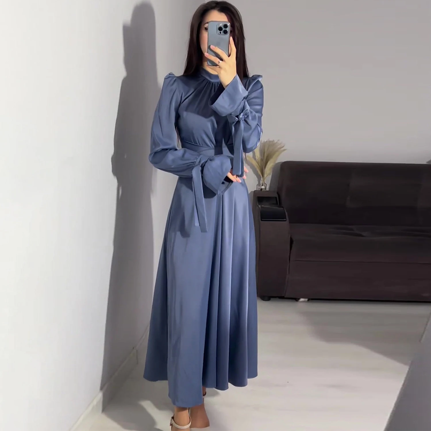 

Women Vintage Turtleneck Solid Color Bandage Sleeve Belt Tunic Waist Full Sleeve Long Stain Party Sweet Dress