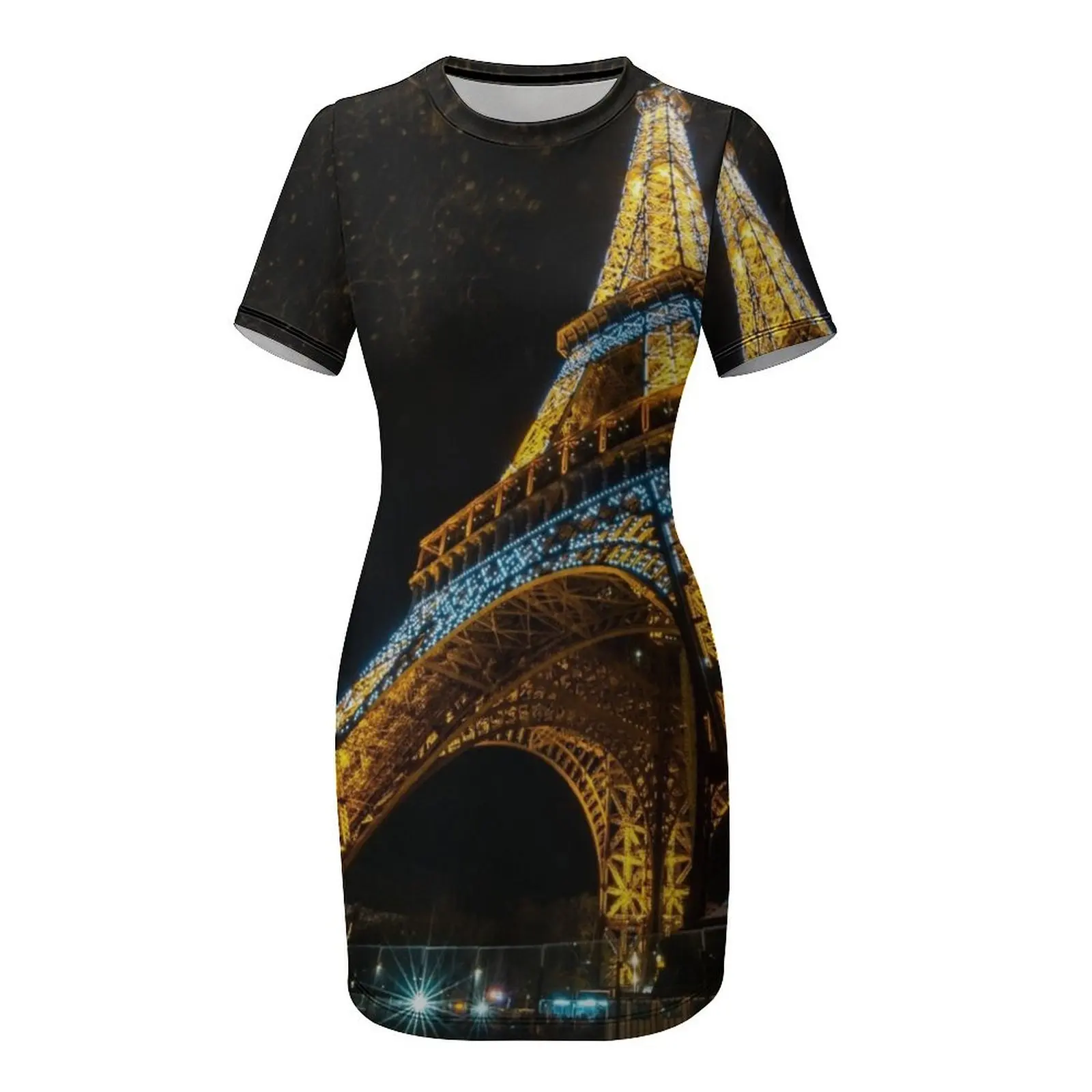 หอไอเฟลบนคืน Paris Night ชุดเดรสแขนสั้นเสื้อผ้าผู้หญิง 2025 สินค้าใหม่เสื้อผ้าผู้หญิงชุดพรหมชุด